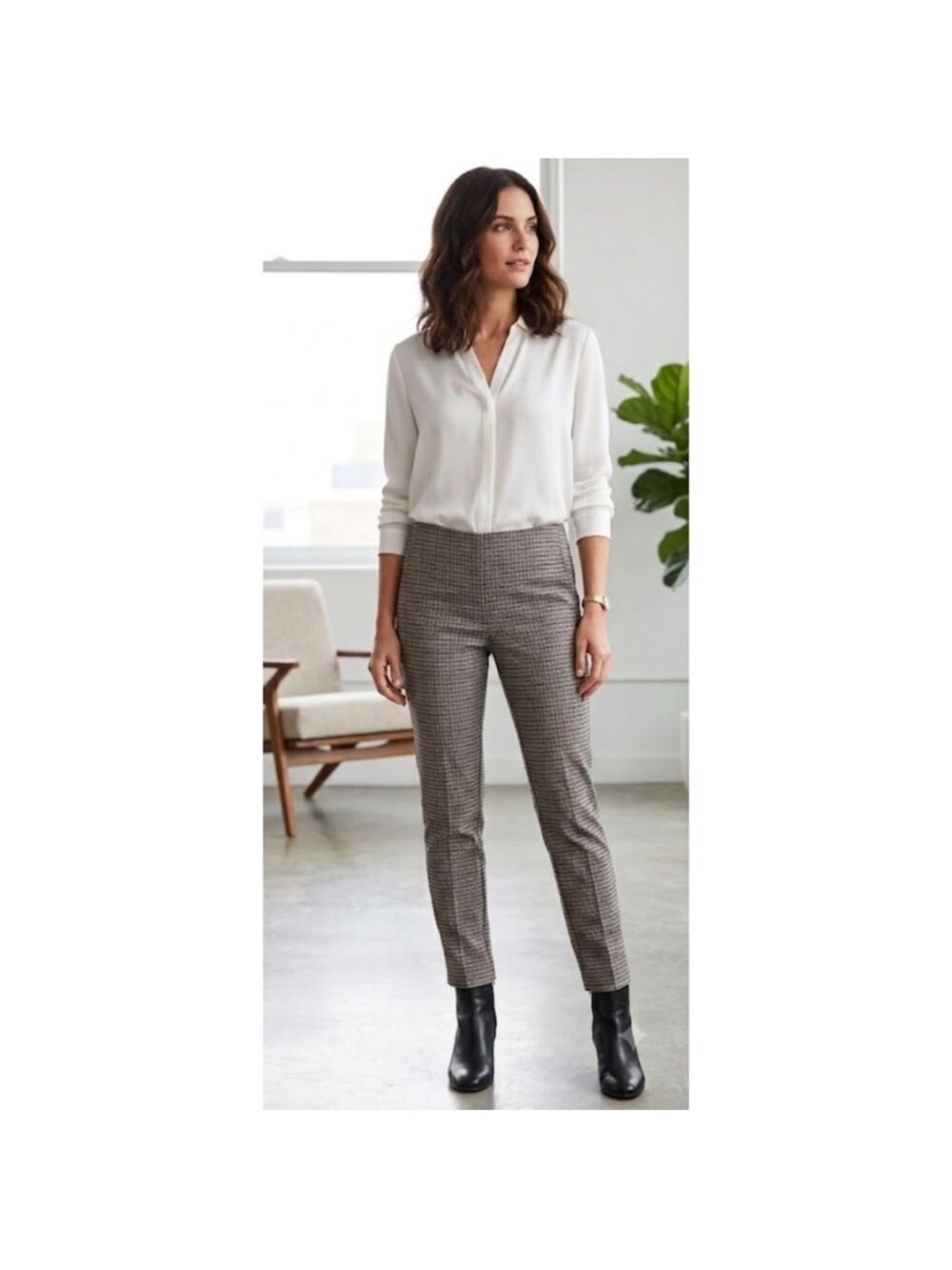 LOFT Houndstooth Curvy High-Waisted Straight Leg Ankle Pants - Gray and Black